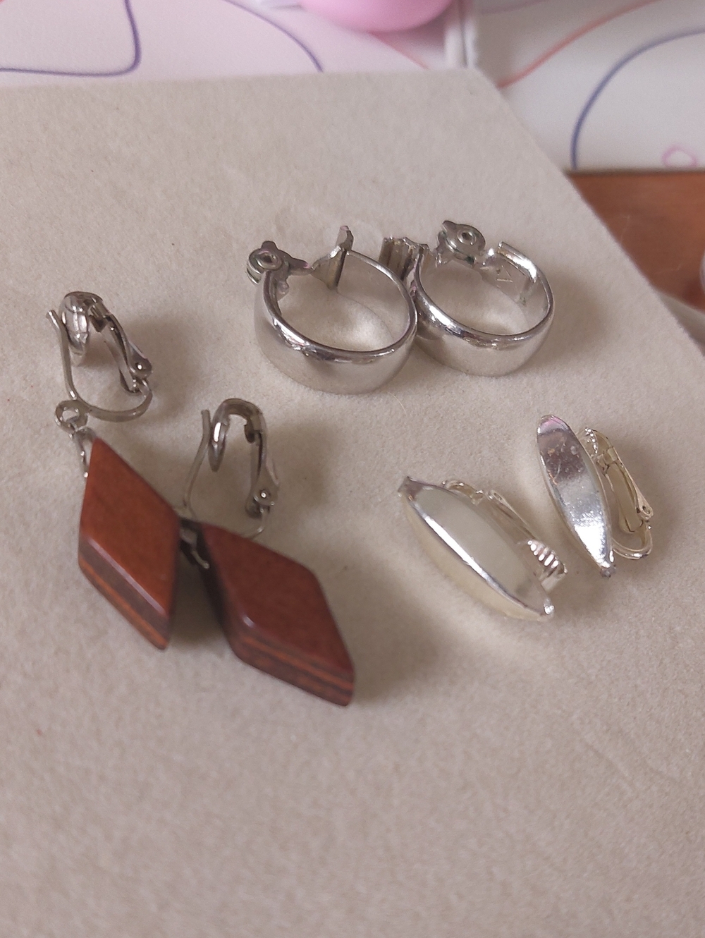 Vintage Clip On Earring Lot - Silver Hoops, Shields & Wood Drops